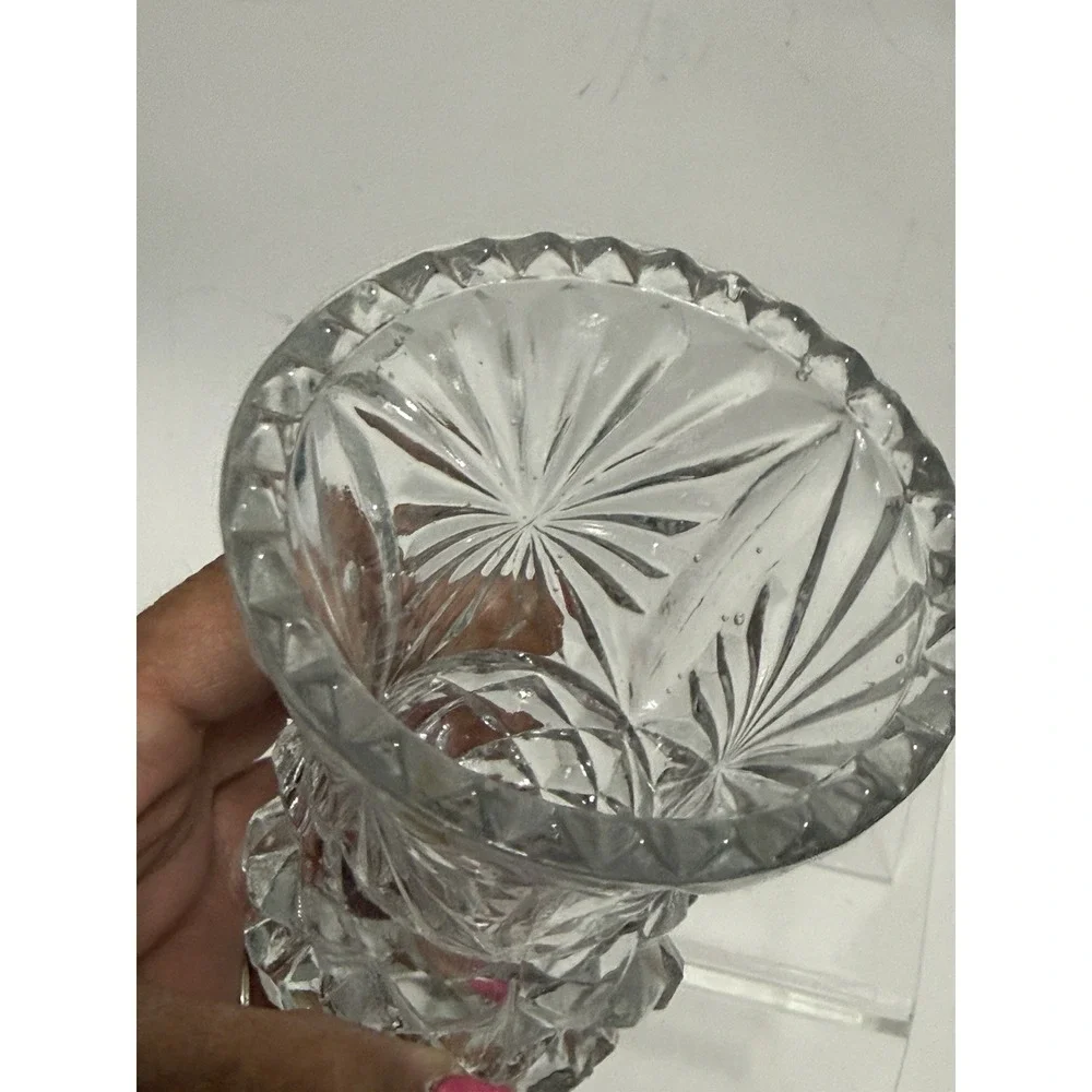 Vintage Clear Pressed Glass‎ Bud Vase Starburst Diamond Point Sawtooth Rim 5